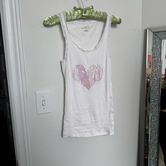 Y2K White Tank Top with Sequin Heart coquette dreamy fairy luxury S - Picture 3 of 5